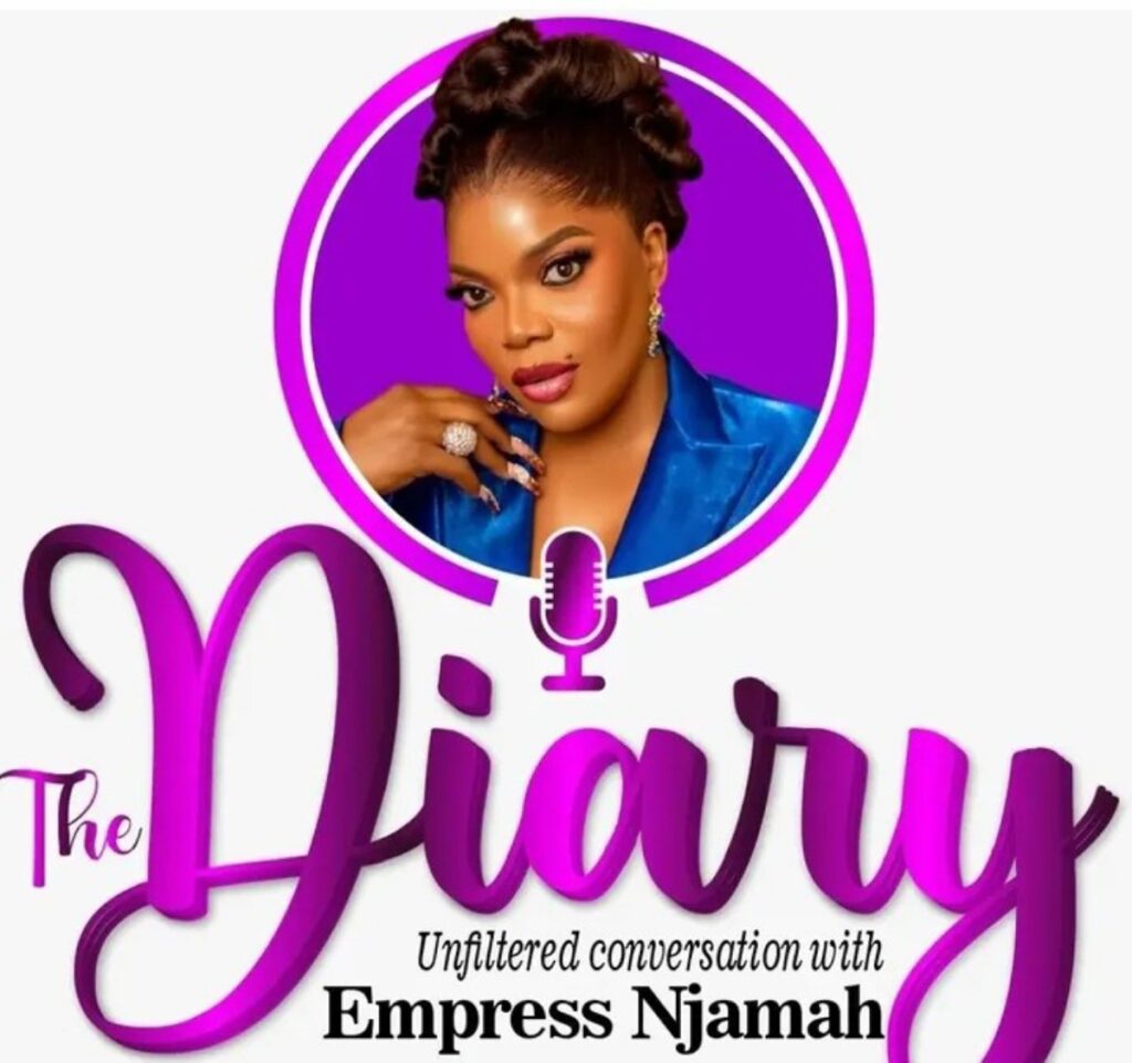 Logo for The Diary podcast featuring Empress Njamah; purple circular frame with a portrait and a microphone, and pink script text 'The Diary'.