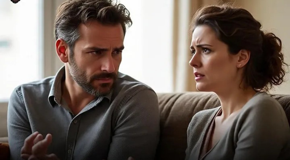 A man and woman sit on a sofa, facing each other with tense expressions during a heated discussion in a living room of a home.