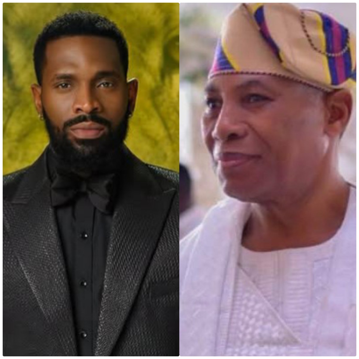 Two men side by side: left, a bearded man in a black textured suit and bow tie; right, a man in white traditional attire with a colorful headwrap, smiling.