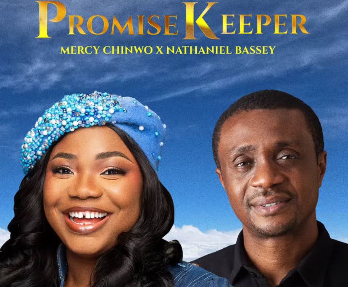 Promotional poster for 'Promise Keeper' featuring Mercy Chinwo and Nathaniel Bassey, with a blue sky background.