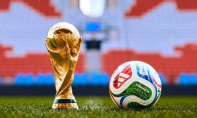 Gold World Cup trophy standing on grass beside a colorful soccer ball on a stadium field.