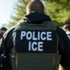 Back view of a uniformed officer wearing tactical gear with a bold 'POLICE ICE' patch on the vest (informative security context).