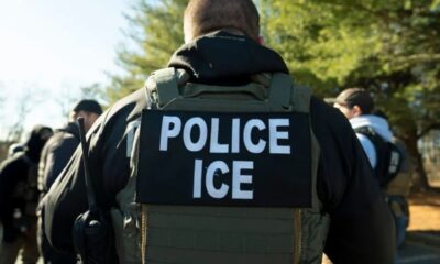 Back view of a uniformed officer wearing tactical gear with a bold 'POLICE ICE' patch on the vest (informative security context).