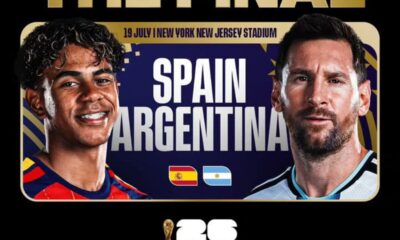 Poster announcing Spain vs Argentina final on July 19 at New York/New Jersey Stadium, with flags and the FIFA World Cup 2026 logo.