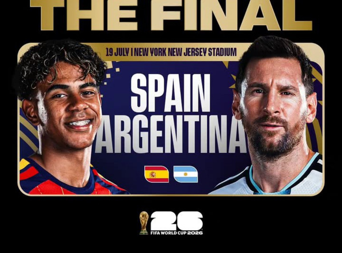 Poster announcing Spain vs Argentina final on July 19 at New York/New Jersey Stadium, with flags and the FIFA World Cup 2026 logo.