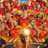 Collage of Spain national football team players in red jerseys celebrating around the World Cup trophy in the foreground.