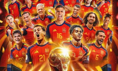 Collage of Spain national football team players in red jerseys celebrating around the World Cup trophy in the foreground.