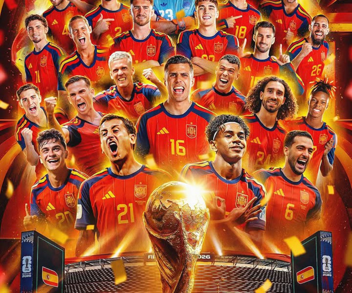 Collage of Spain national football team players in red jerseys celebrating around the World Cup trophy in the foreground.