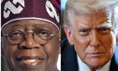 Two men in a split image: left man wearing a maroon cap and round glasses, smiling; right man in a suit with a red tie, looking serious.