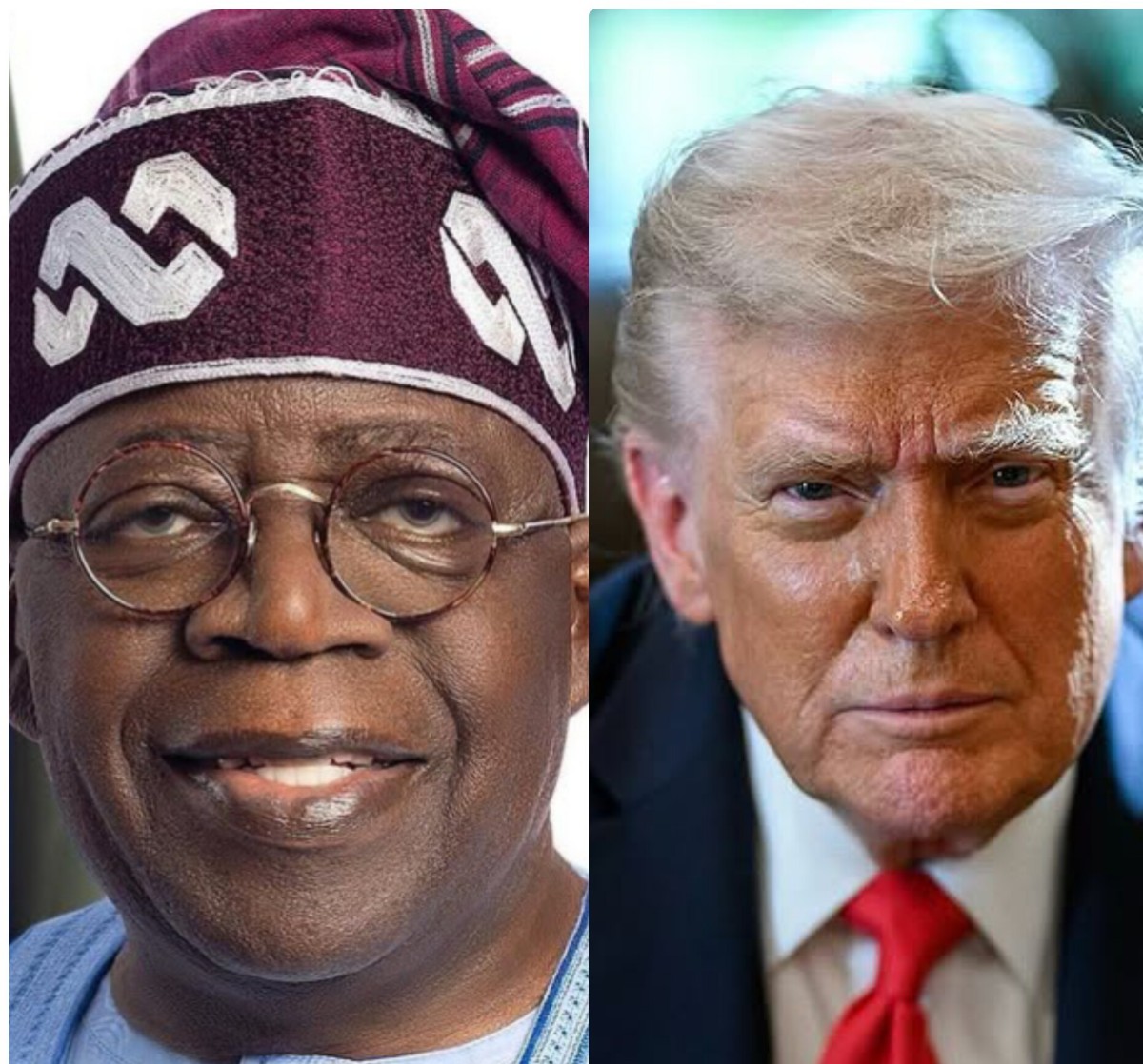 Two men in a split image: left man wearing a maroon cap and round glasses, smiling; right man in a suit with a red tie, looking serious.