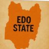 Orange map silhouette of Edo State (Nigeria) with bold black text 'EDO STATE' across the center.