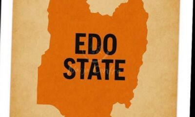 Orange map silhouette of Edo State (Nigeria) with bold black text 'EDO STATE' across the center.