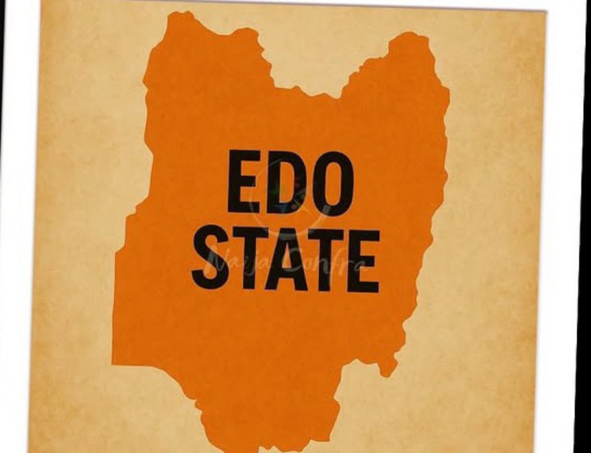 Orange map silhouette of Edo State (Nigeria) with bold black text 'EDO STATE' across the center.