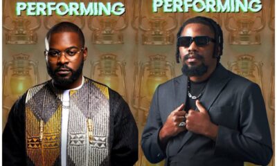Poster showing Falz (left) and Ycee (right) with the captions 'BAHD GUY PERFORMING' and 'JAGABAN PERFORMING' on a trophy-themed background.