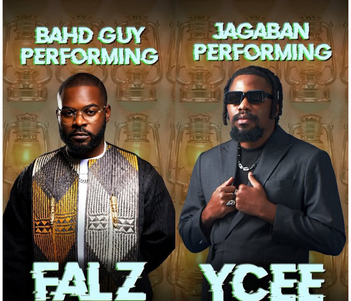 Poster showing Falz (left) and Ycee (right) with the captions 'BAHD GUY PERFORMING' and 'JAGABAN PERFORMING' on a trophy-themed background.