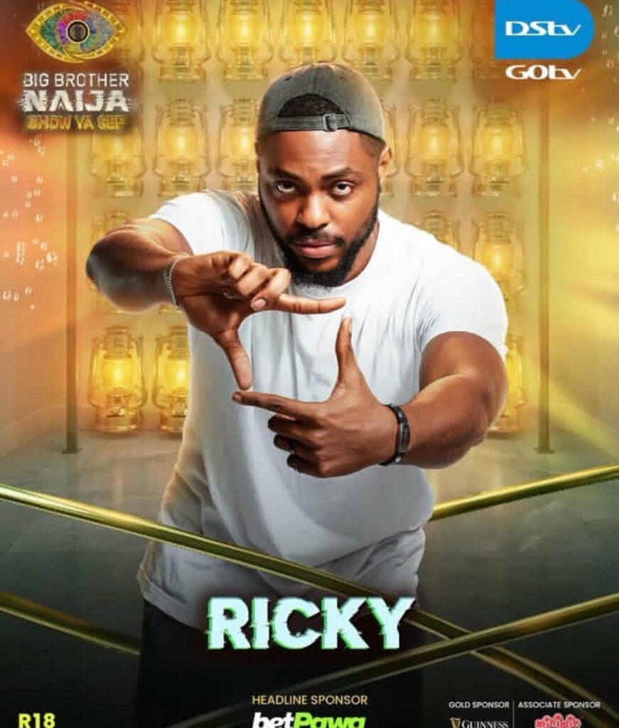 Ricky promo poster for Big Brother Naija with a hand-frame gesture and sponsor logos at the bottom.