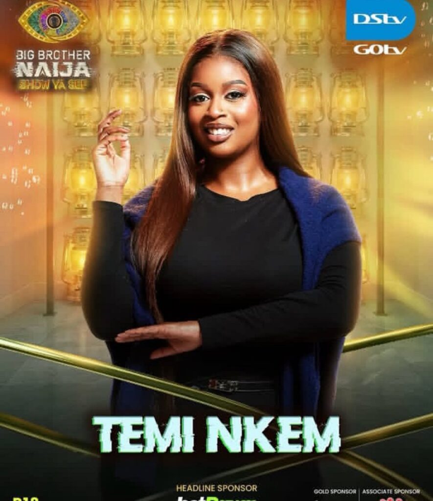 Promotional poster of Temi Nkem for Big Brother Naija, posing with arms crossed in a gold-lit backdrop with sponsor logos in corners.