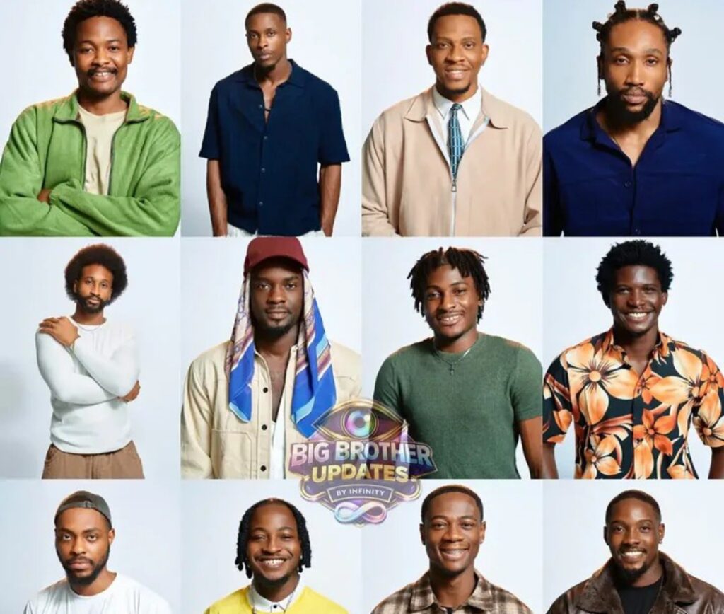 Collage of twelve men posing for a Big Brother Updates image, with diverse outfits and colors; a central logo reading 'Big Brother Updates' overlaps the lower center.