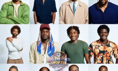 Collage of twelve men posing for a Big Brother Updates image, with diverse outfits and colors; a central logo reading 'Big Brother Updates' overlaps the lower center.