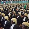 Large hall filled with dozens of people wearing black robes and white wigs, seated for a legal ceremony.