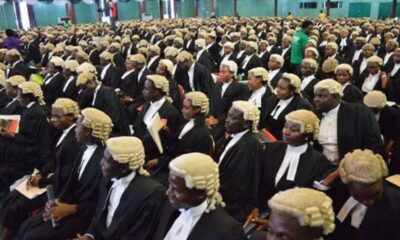 Large hall filled with dozens of people wearing black robes and white wigs, seated for a legal ceremony.