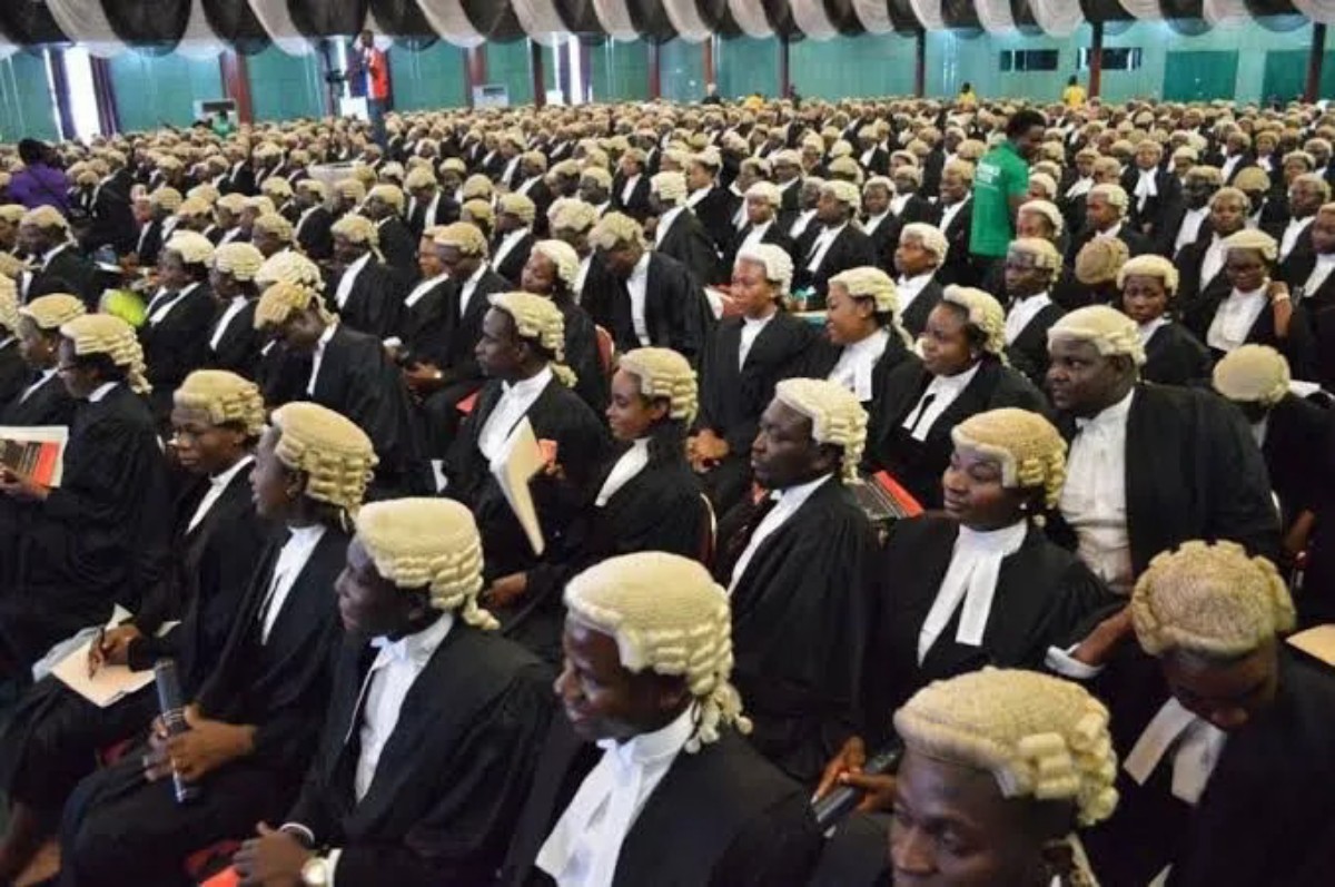 Large hall filled with dozens of people wearing black robes and white wigs, seated for a legal ceremony.