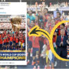 Social media post claiming FIFA World Cup 2026 champions, featuring a trophy photo and a team celebration with two suited men circled in yellow.