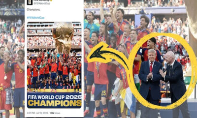 Social media post claiming FIFA World Cup 2026 champions, featuring a trophy photo and a team celebration with two suited men circled in yellow.