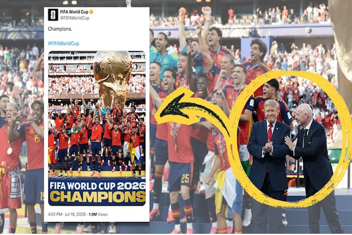 Social media post claiming FIFA World Cup 2026 champions, featuring a trophy photo and a team celebration with two suited men circled in yellow.