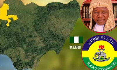 Map of Nigeria highlighting Kebbi State with federal flag, the Kebbi State Police Command emblem, and a portrait of an official in traditional attire