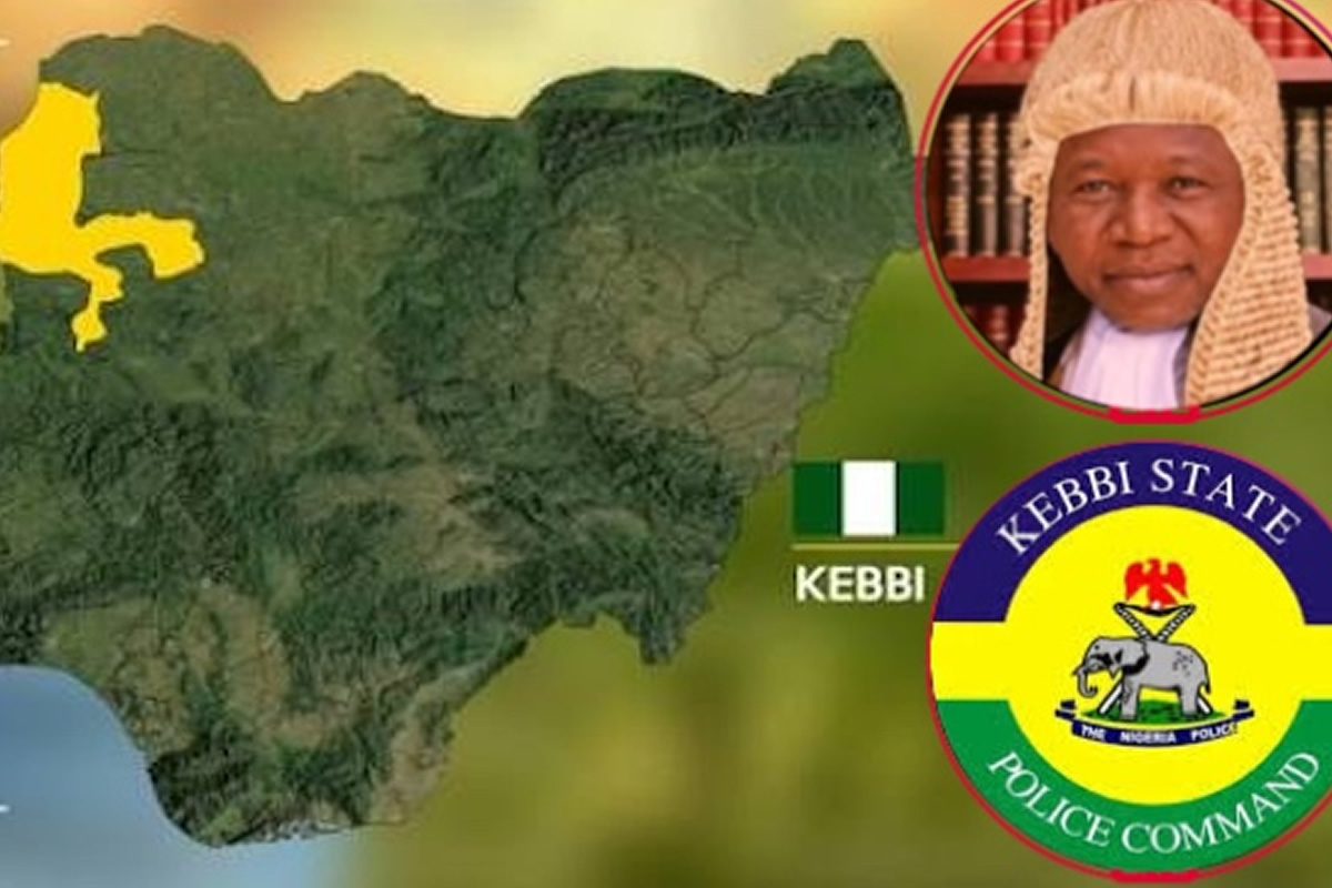 Map of Nigeria highlighting Kebbi State with federal flag, the Kebbi State Police Command emblem, and a portrait of an official in traditional attire