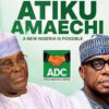 Campaign poster featuring two men in traditional Nigerian attire with an ADC logo and the slogan 'A New Nigeria Is Possible' in green tones.