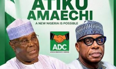 Campaign poster featuring two men in traditional Nigerian attire with an ADC logo and the slogan 'A New Nigeria Is Possible' in green tones.