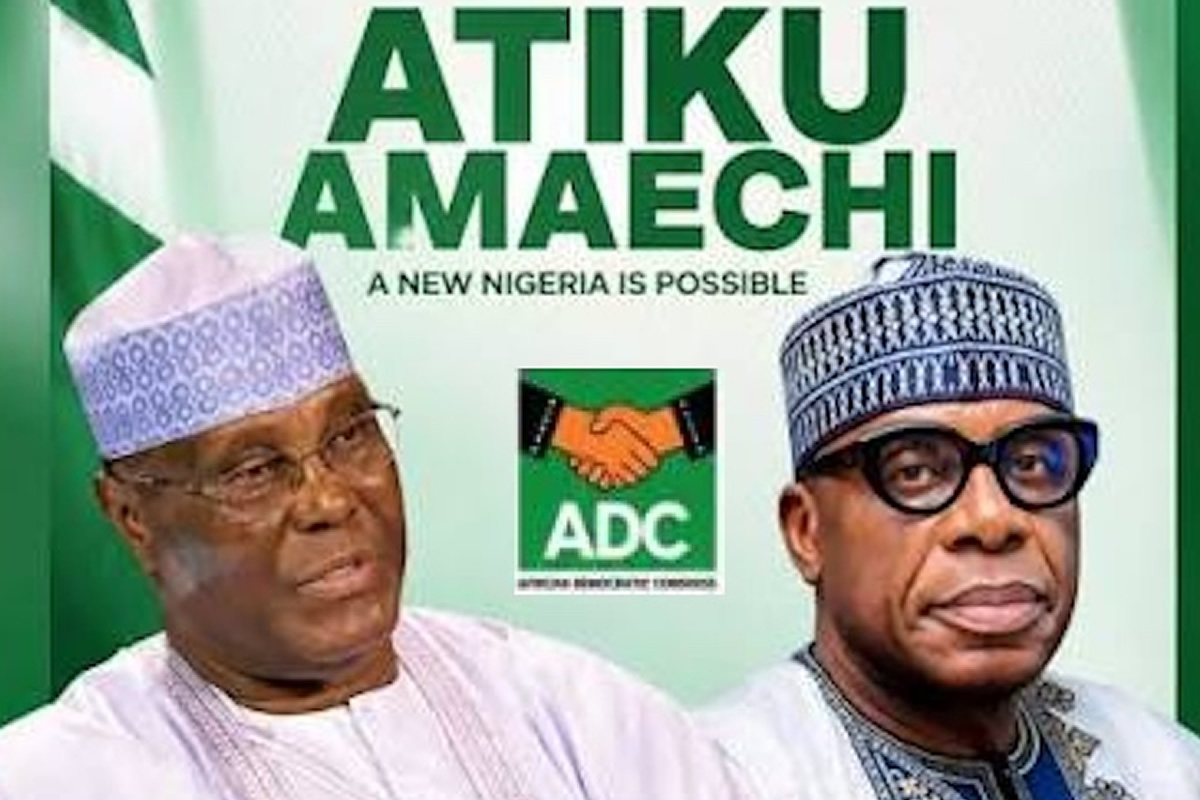 Campaign poster featuring two men in traditional Nigerian attire with an ADC logo and the slogan 'A New Nigeria Is Possible' in green tones.