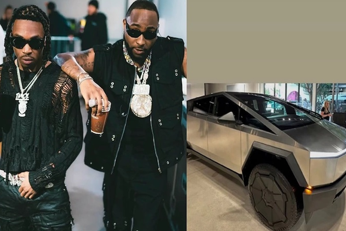 Collage: two men in black outfits and sunglasses posing indoors on the left, with a silver futuristic SUV on display to the right.
