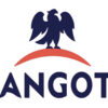 Dangote logo: a dark blue eagle perched on an orange arc above the bold navy word DANGOTE.