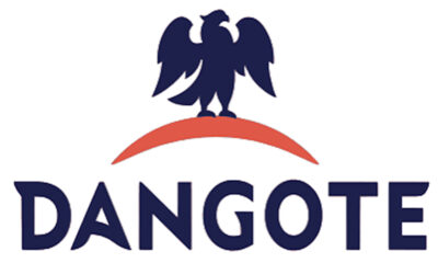 Dangote logo: a dark blue eagle perched on an orange arc above the bold navy word DANGOTE.