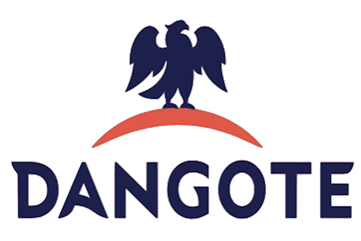 Dangote logo: a dark blue eagle perched on an orange arc above the bold navy word DANGOTE.