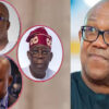 Collage of four men in circular frames on a beige background; top-left and bottom-left are bald men in glasses, center is a man in a red traditional hat, right is a close-up of a smiling man wearing glasses.