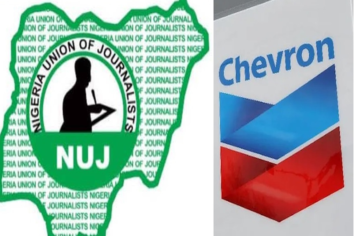 Left: Nigerian Union of Journalists logo set on a green map outline; right: Chevron corporate logo with blue, white, and red shapes.