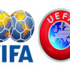 FIFA logo with two globe-shaped soccer balls beside the word FIFA, and the UEFA crest to the right on a white background.