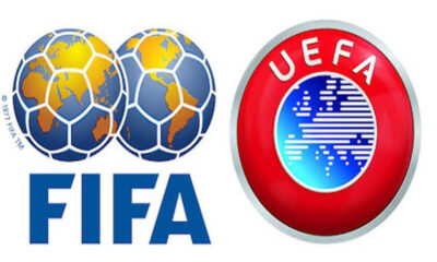FIFA logo with two globe-shaped soccer balls beside the word FIFA, and the UEFA crest to the right on a white background.