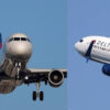 Split image showing two planes: left is a front-on view of a commercial airliner with landing gear down during approach; right is a Delta aircraft taking off against a clear blue sky.