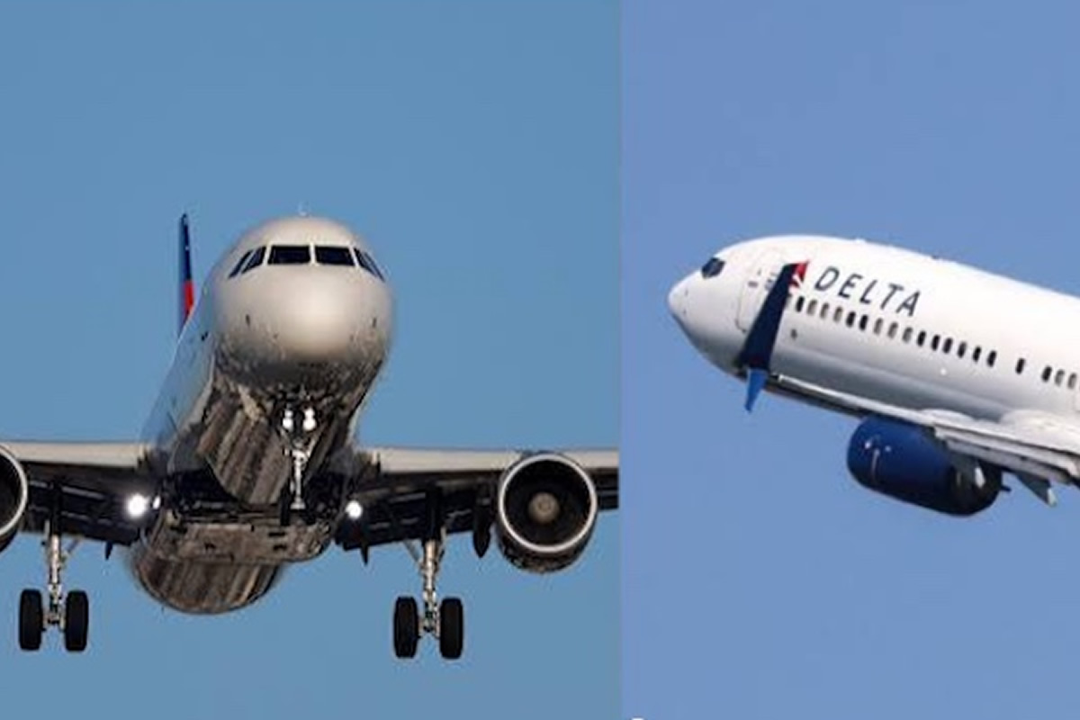 Split image showing two planes: left is a front-on view of a commercial airliner with landing gear down during approach; right is a Delta aircraft taking off against a clear blue sky.