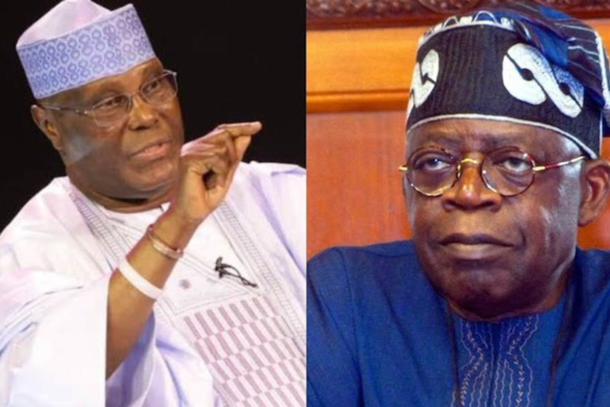 Split-screen image of two men in traditional outfits: left man in white agbada and hat, right man in blue agbada and patterned cap, both wearing glasses.