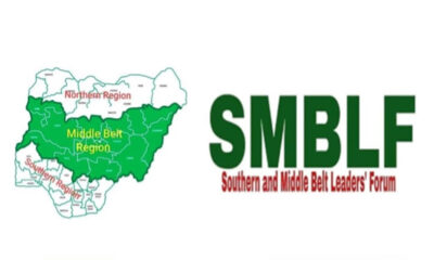 Map of Nigeria showing the Middle Belt region in green with the SMBLF logo (Southern and Middle Belt Leaders' Forum)./SMBLF text included)