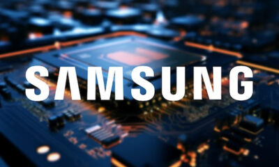 Samsung logo over a blue-toned, blurred close-up of a computer motherboard circuit board.