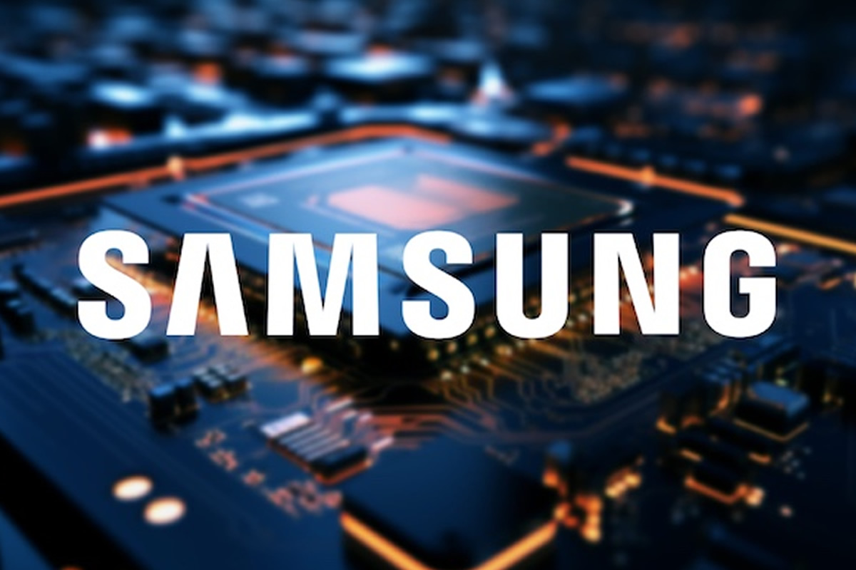 Samsung logo over a blue-toned, blurred close-up of a computer motherboard circuit board.