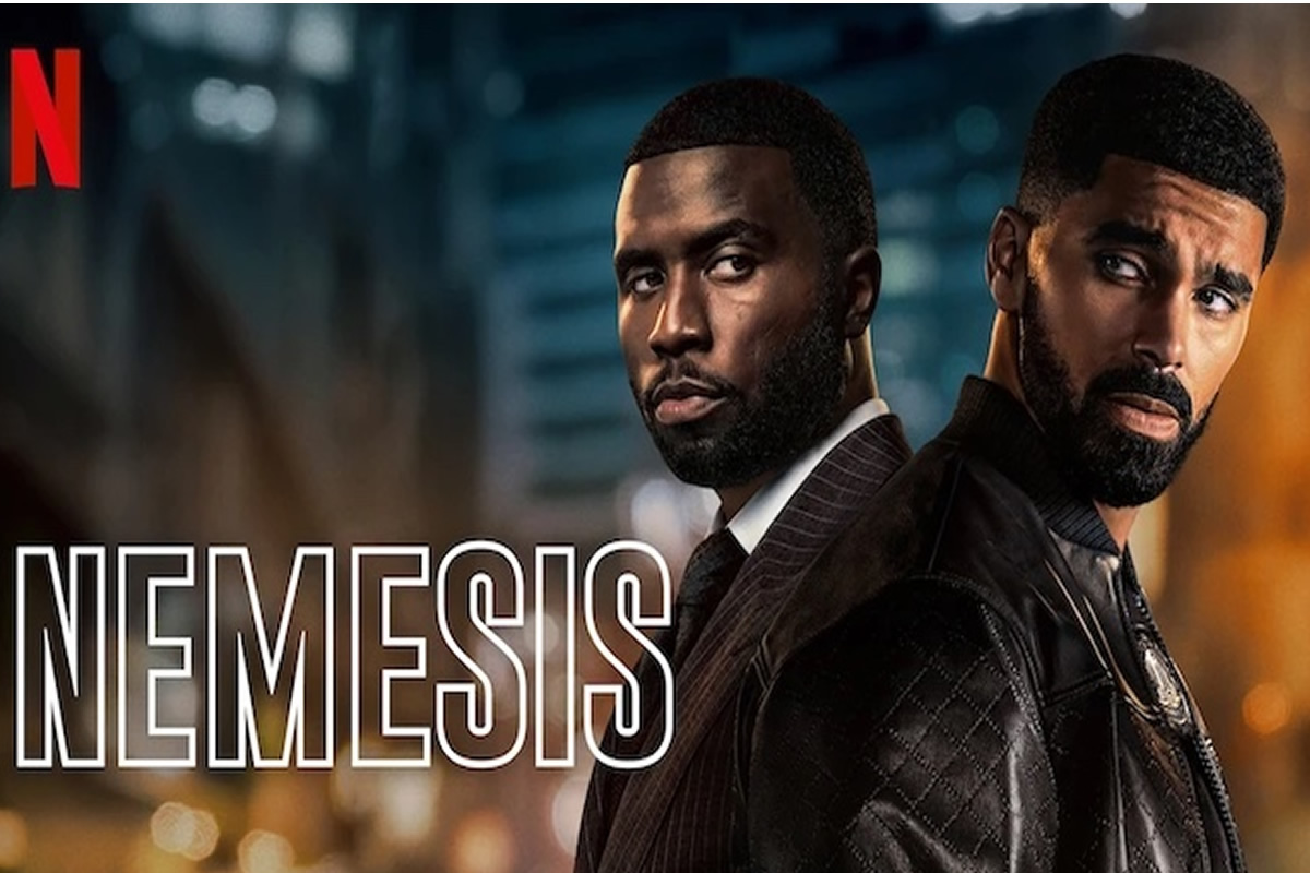 Netflix poster for Nemesis showing two men back-to-back in a city at night without explicit action.