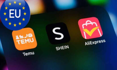 Phone home screen showing Temu, SHEIN, and AliExpress apps with an EU badge overlapping the corner.